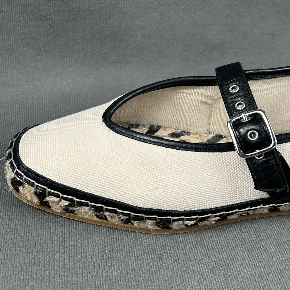 Madewell Remy Canvas Mary Jane Jute Espadrille Flats Cream Black Size 9.5